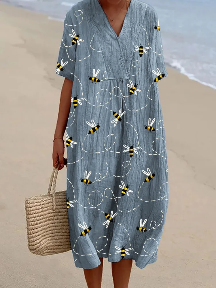 Flying Bees Embroidery Pattern V Neck Linen Blend Dress