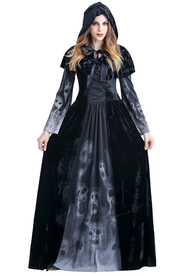Womens Hooded Lace-up Maxi Halloween Witch Costume Black-elleschic