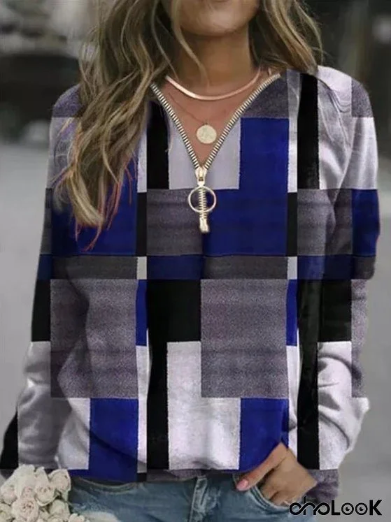 Women's T-Shirts Plaid V-Neck Zipper Long Sleeves T-Shirt