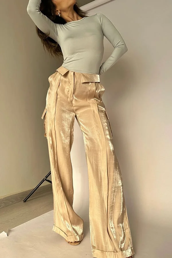 Glitter Fabric Drawstring Waist Pocketed Wide-Leg Pants 