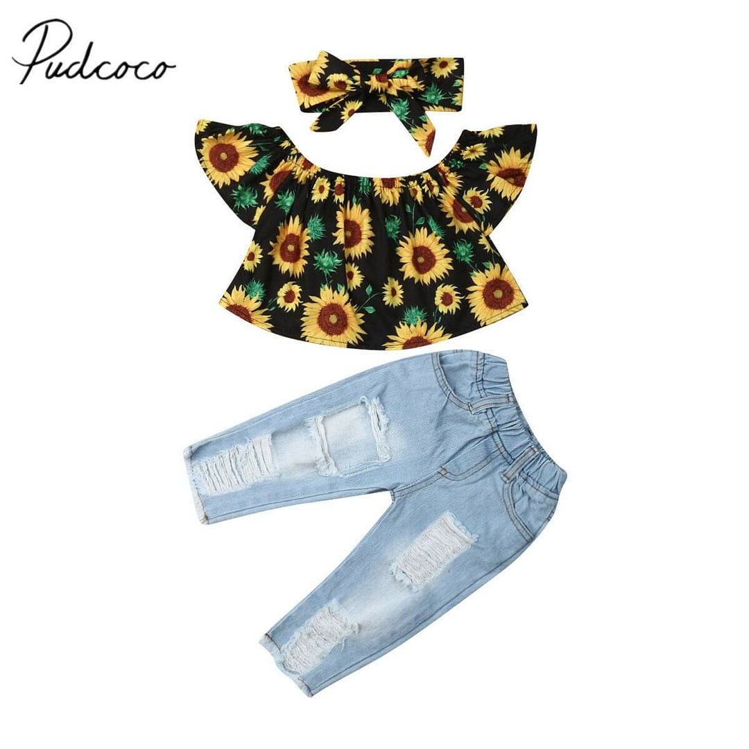 2019 Baby Summer Clothing Toddler Kids Baby Girl 3PCS Sets Sunflower Tops+Ripped Hole Denim Pants Headband Casual Outfits 6M-4Y