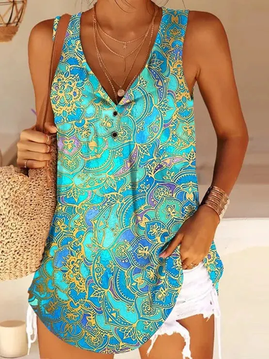 Women's Green Sleeveless V-Neck Graphic Printed Top