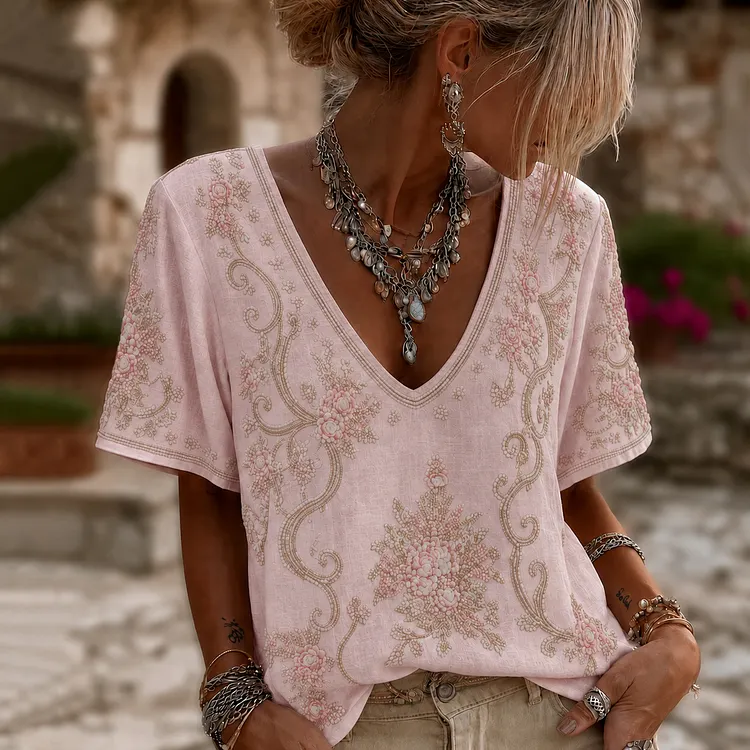 Women's Retro Floral Embroidered Art V-neck Short Sleeve T-shirt