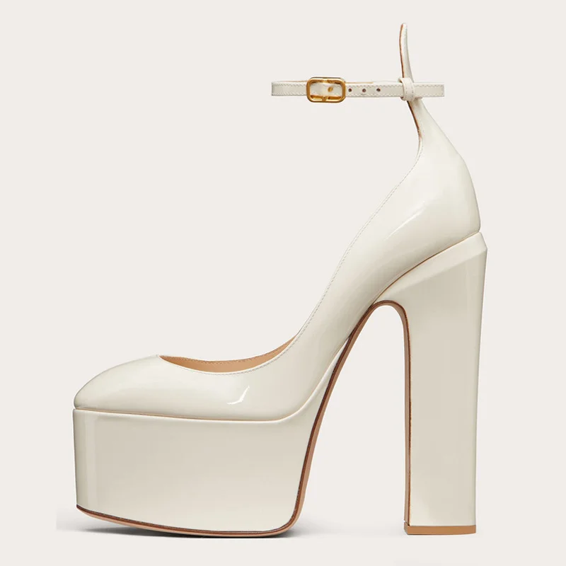 Women's ultra-high-heel Waterproof Platform Patent Leather Round Toe Thick-Soled Plus Size Sky High Chunky Heels Novameme