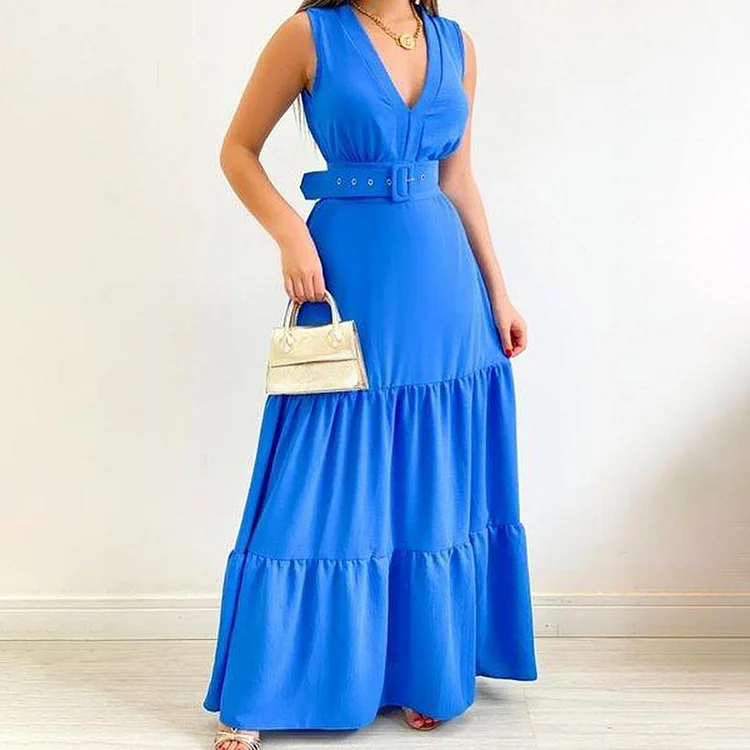 Comstylish Elegant Solid Color V-Neck Sleeveless Maxi Dress