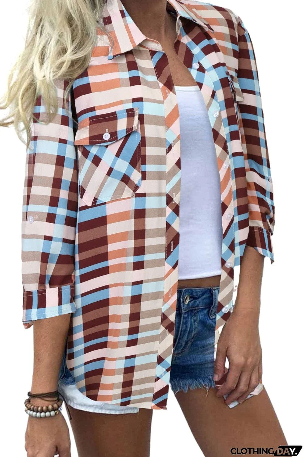 Multi-color Plaid Button Long Sleeve Pocket Shirt