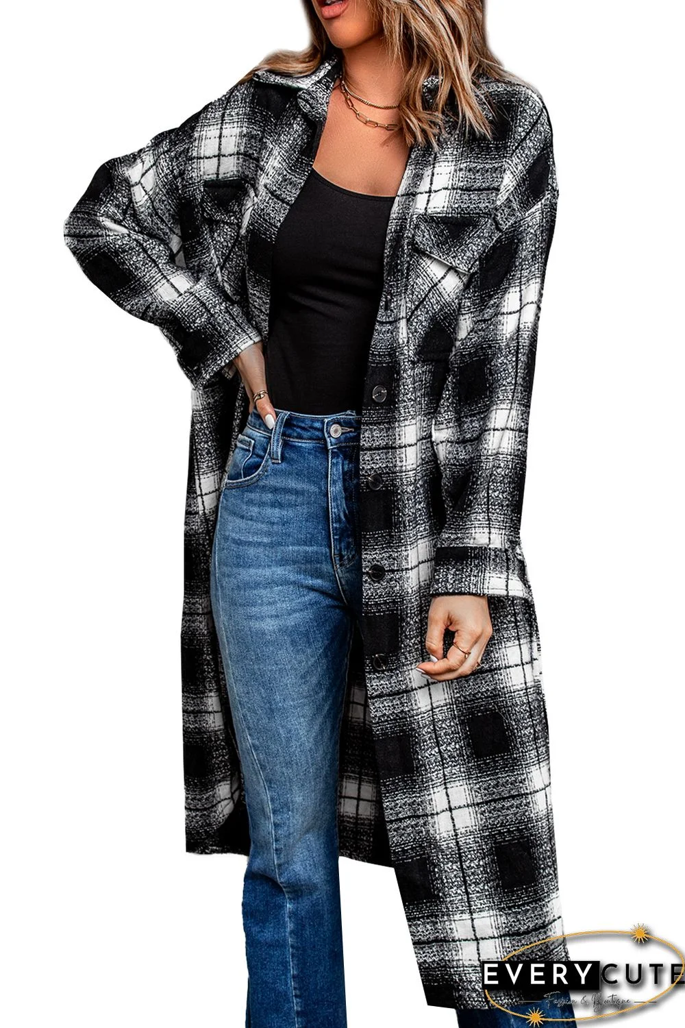 Black Plaid Print Buttoned Pocketed Long Sleeve Long Coat