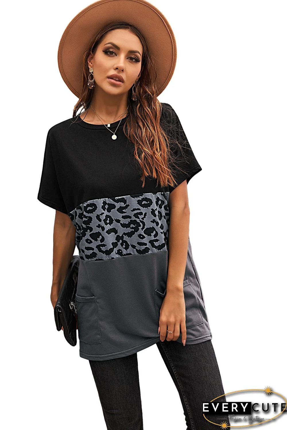 Leopard Triple Colorblock Splicing Short Sleeve Mini Dress with Pockets