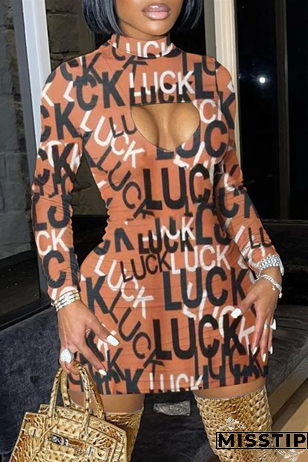 Brown Fashion Sexy Letter Print Hollowed Out Turtleneck Long Sleeve Dresses