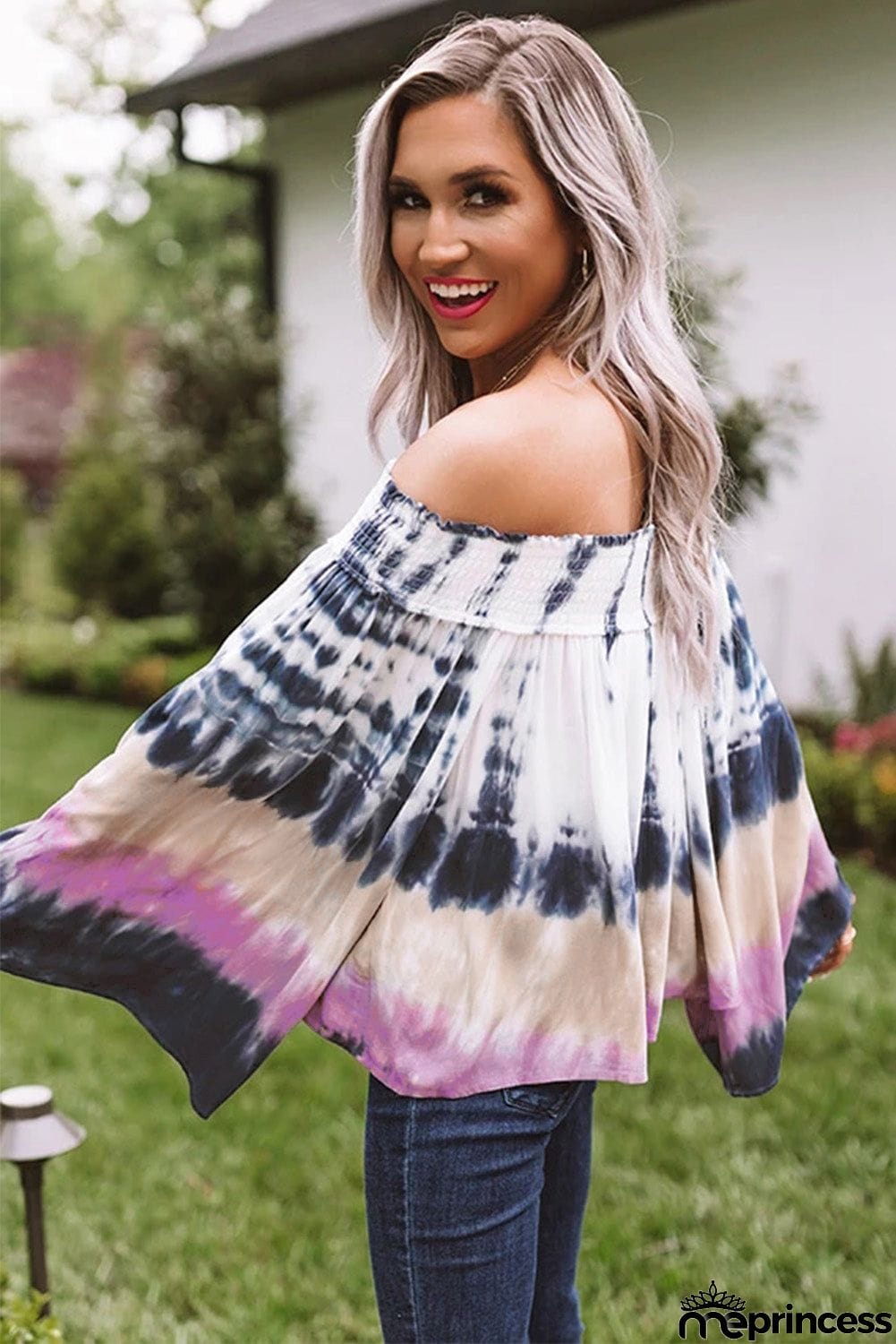 Love Triangle Tie Dye Flare Sleeve Off Shoulder Tie Top