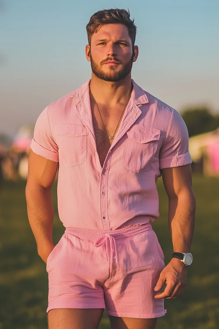 Men's Notch Lapel Elastic Waist Casual Pink Romper [Pre-Order]