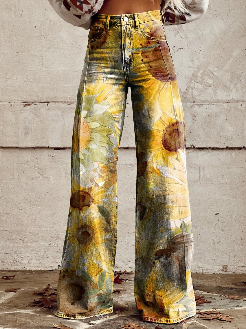 Women's Sunflower Pattern Print Casual Wide Leg Pants