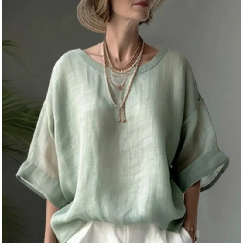 Women's Linen Cotton Batwing Sleeve Round Neck Blouse