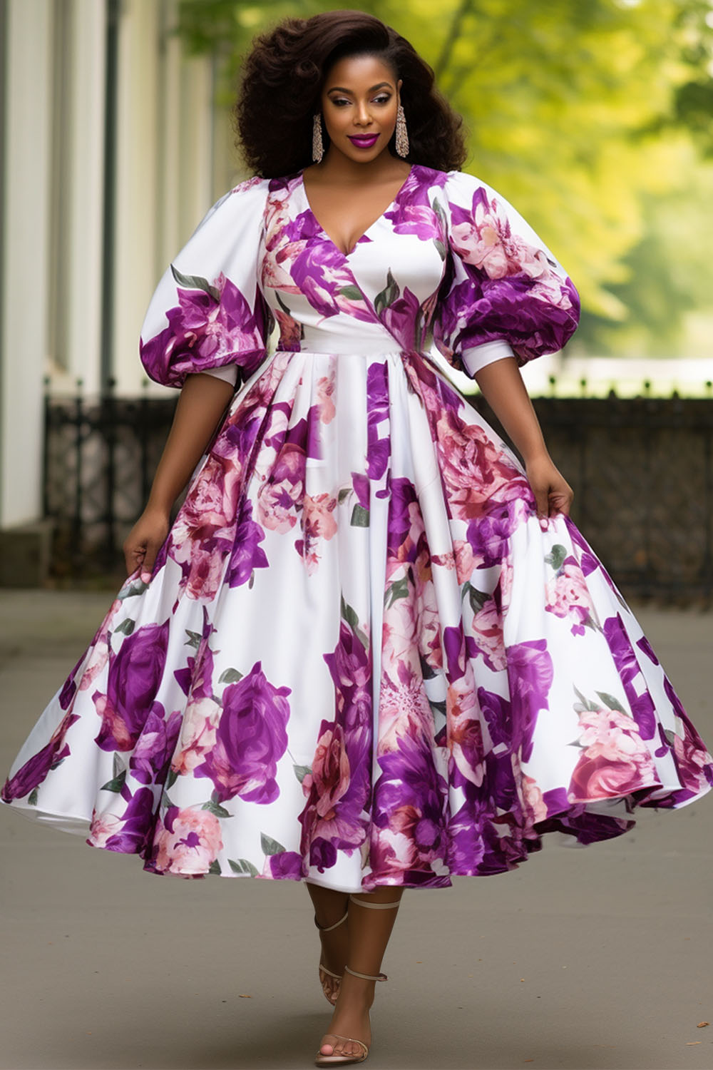 Xpluswear Design Plus Size Wedding Guest Purple Floral Wrap Neck Puff ...
