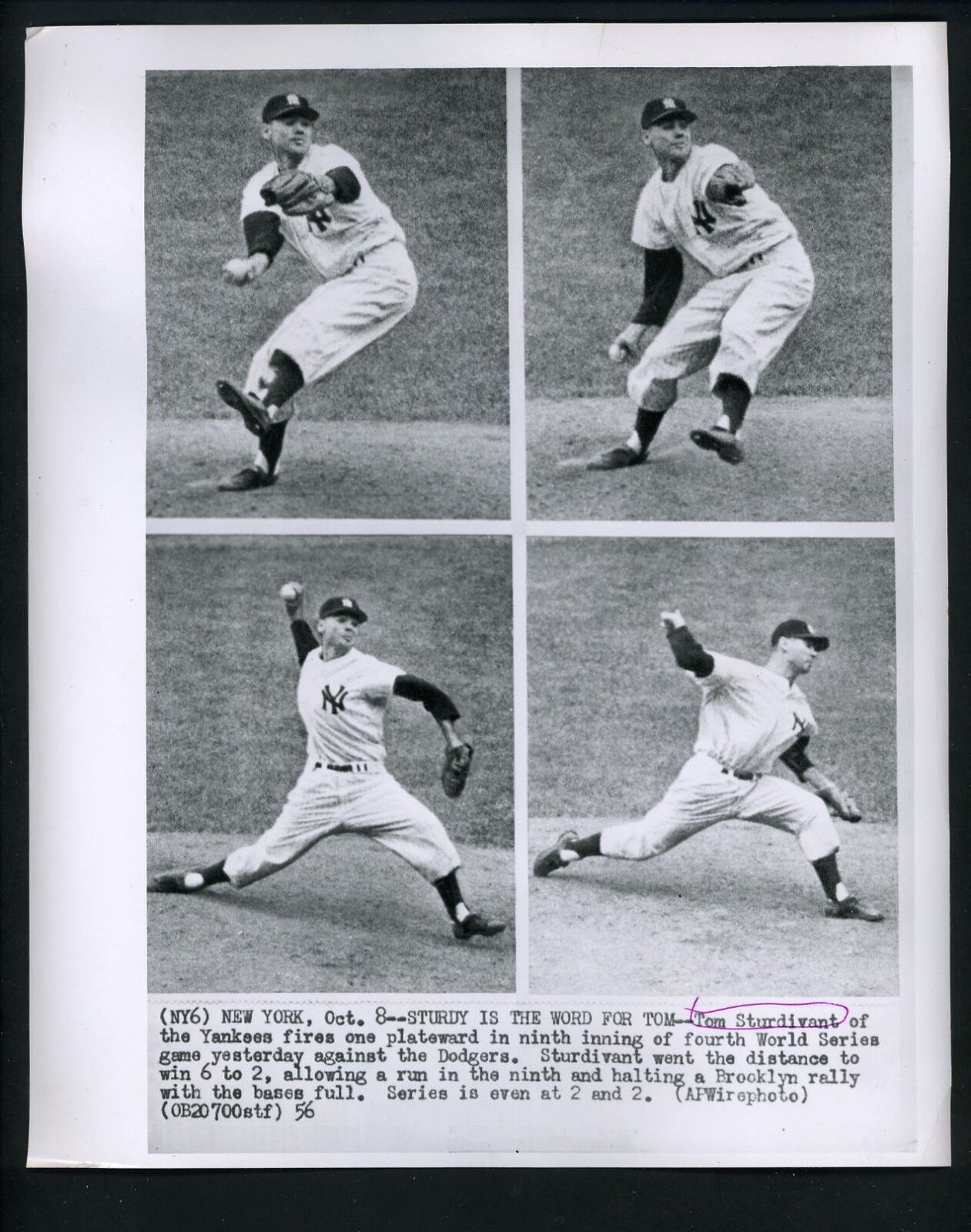 Tom Sturdivant Game 4 1956 World Series Press Photo Poster painting New York Yankees