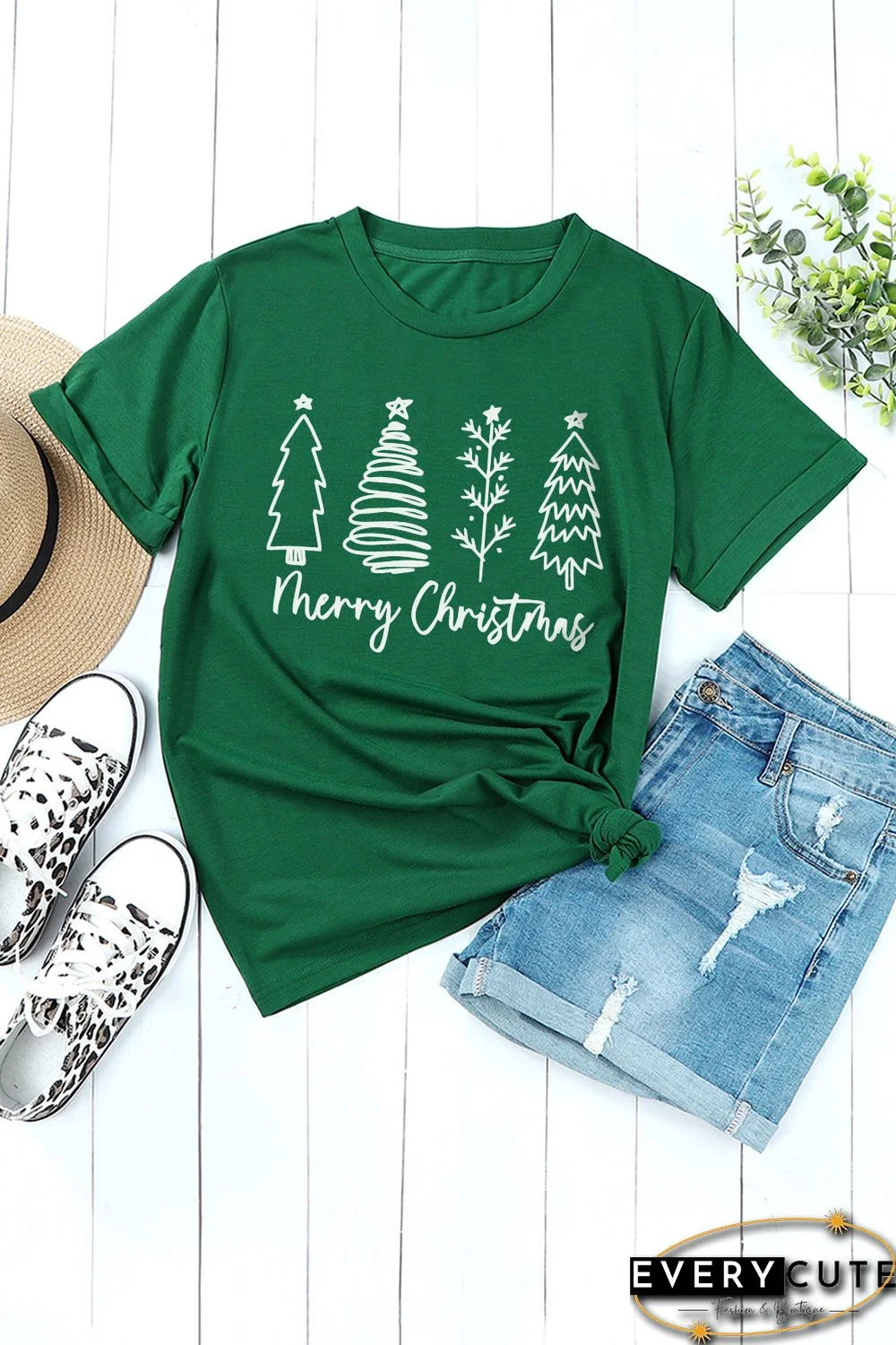 Green Merry Christmas Tree Graphic Print Tee