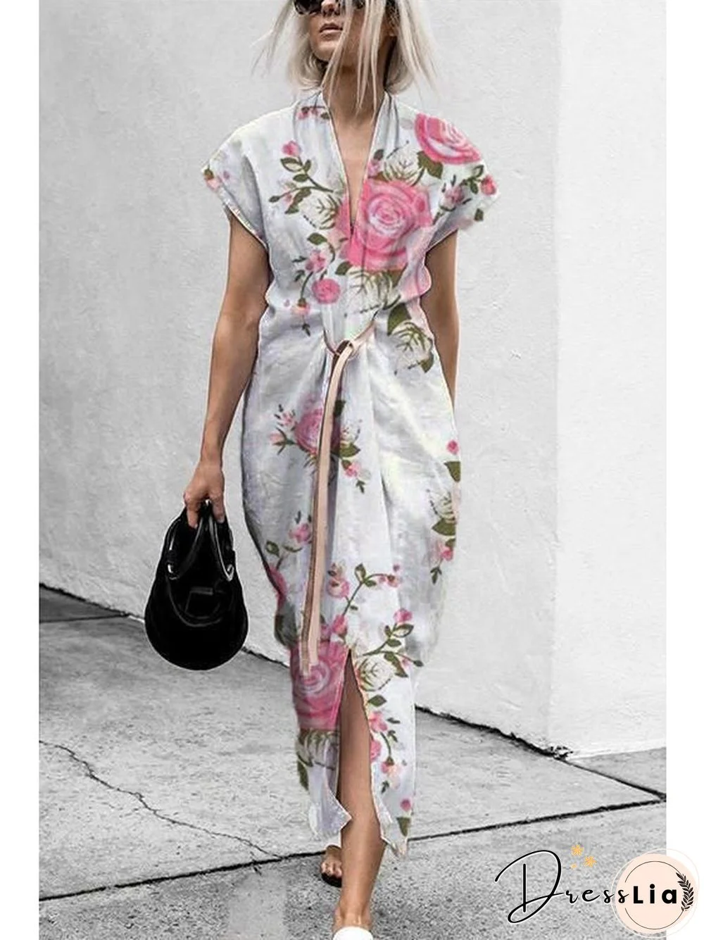 Printed Cotton and Linen Elegant Bandage Shirt Dress S-5XL