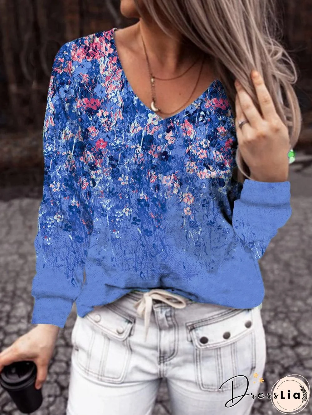 Loose Printed V Neck Women Shirt