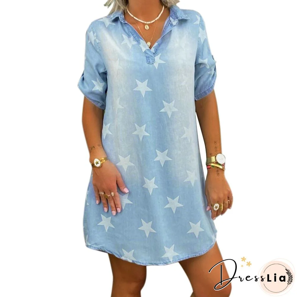 Star Print Denim Mini Dress For Women Summer Turn-Down Collar Shirt Dresses Fashion Short Sleeve Jeans Dress Pullover D30