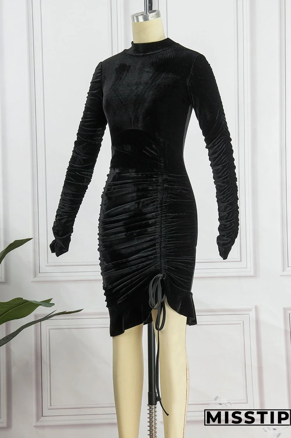 Pink Casual Solid Draw String Frenulum Fold Turtleneck Long Sleeve Dresses