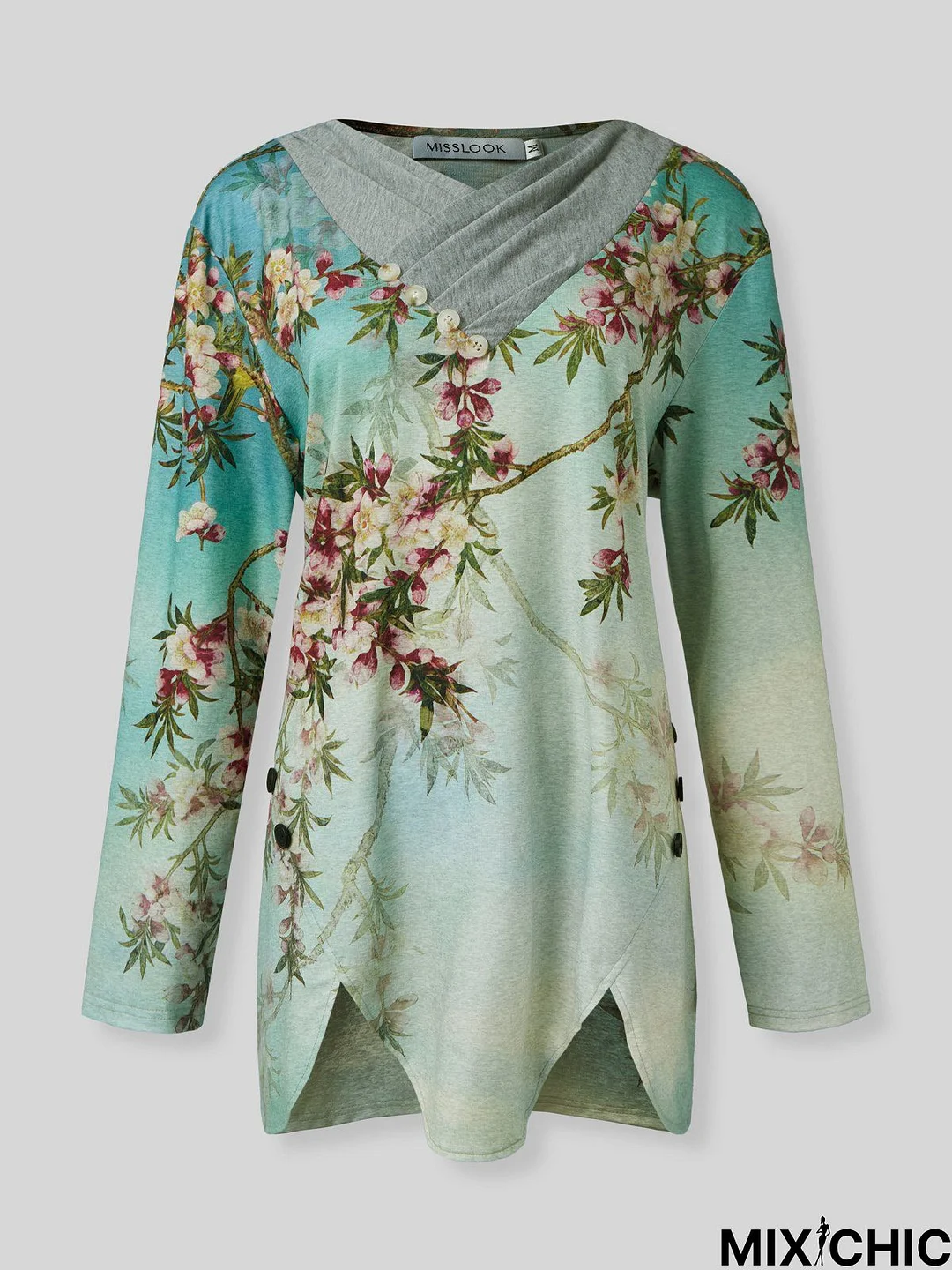 Printed V Neck Long Sleeve Casual Tunic T-Shirt