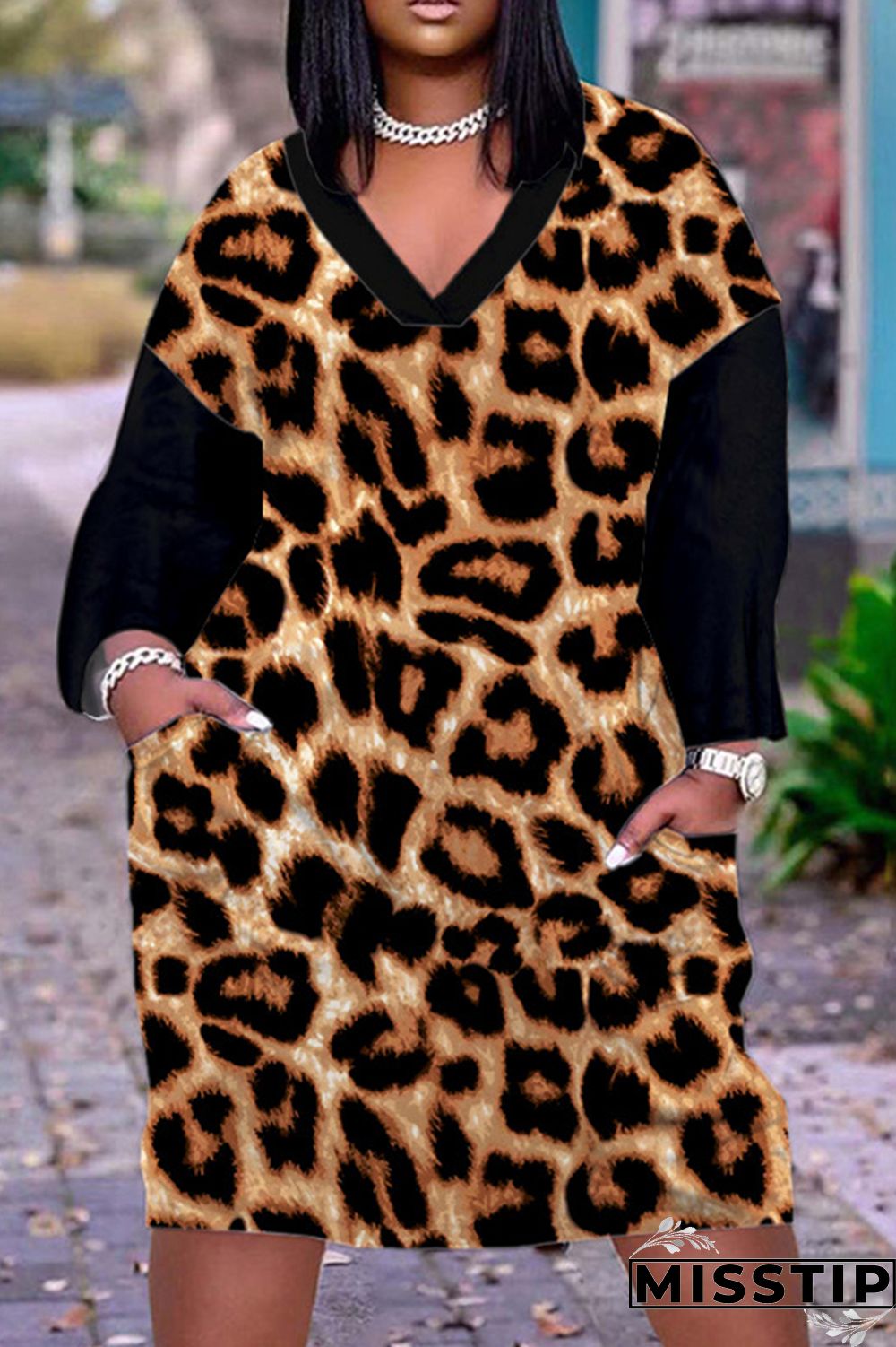 Leopard Print Casual Print Patchwork V Neck Long Sleeve Dresses