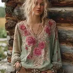 Bohemian Retro Plant And Flower Pattern Casual Cotton And Linen Long-sleeve Top - Image 2