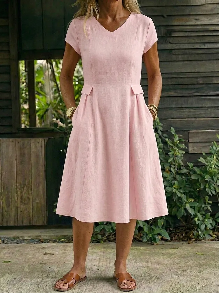 Women&rsquo;s V-neck Short-sleeve A-line Cotton Maxi Dress