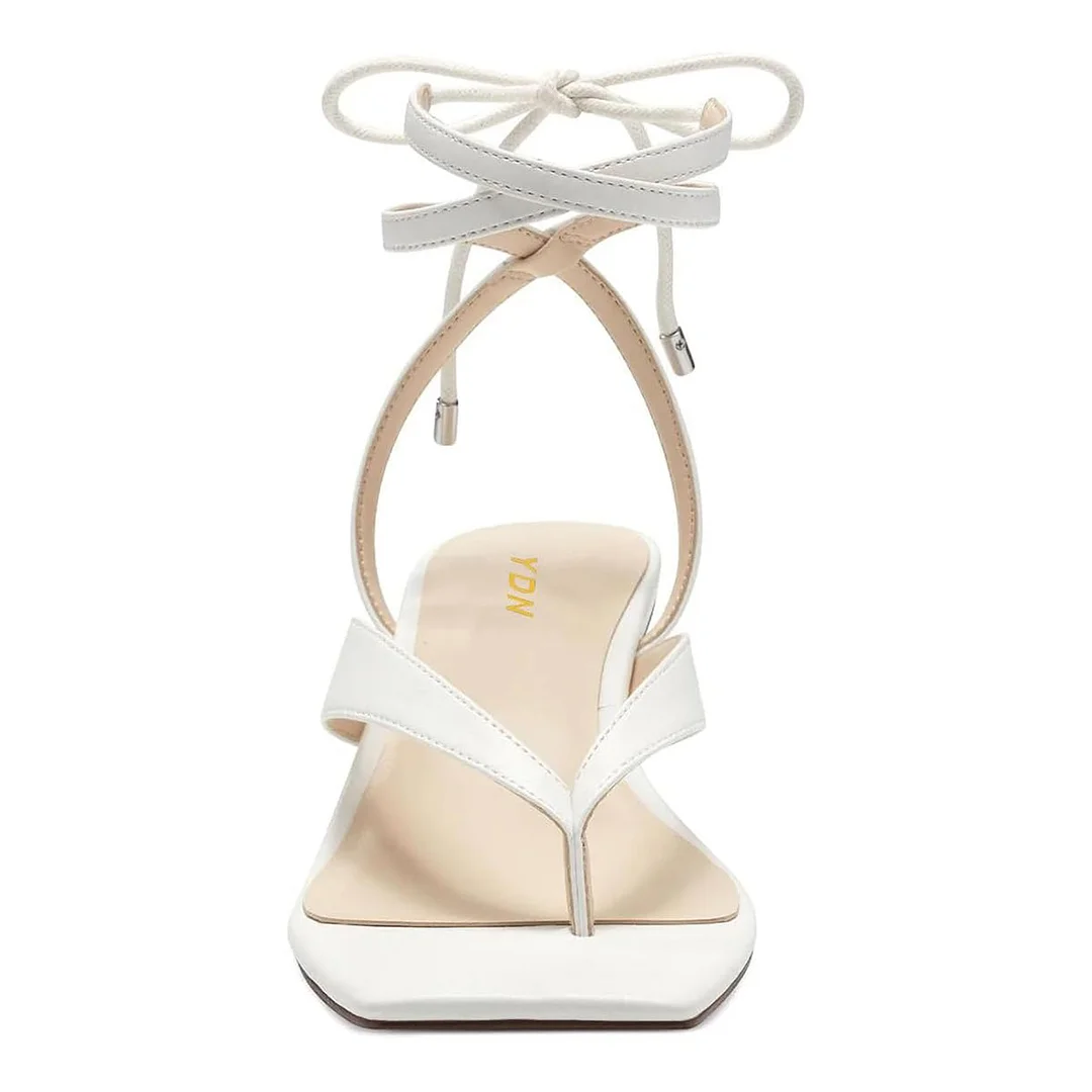 Women's White Square Toe Flip Flop Rhinestone Heeled Summer Sandals