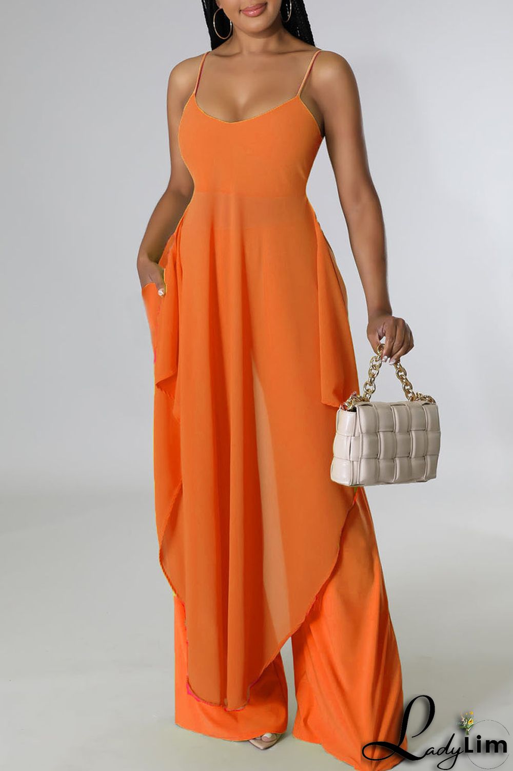 Tangerine Casual Solid Split Joint Asymmetrical Spaghetti Strap Sleeveless Two Pieces