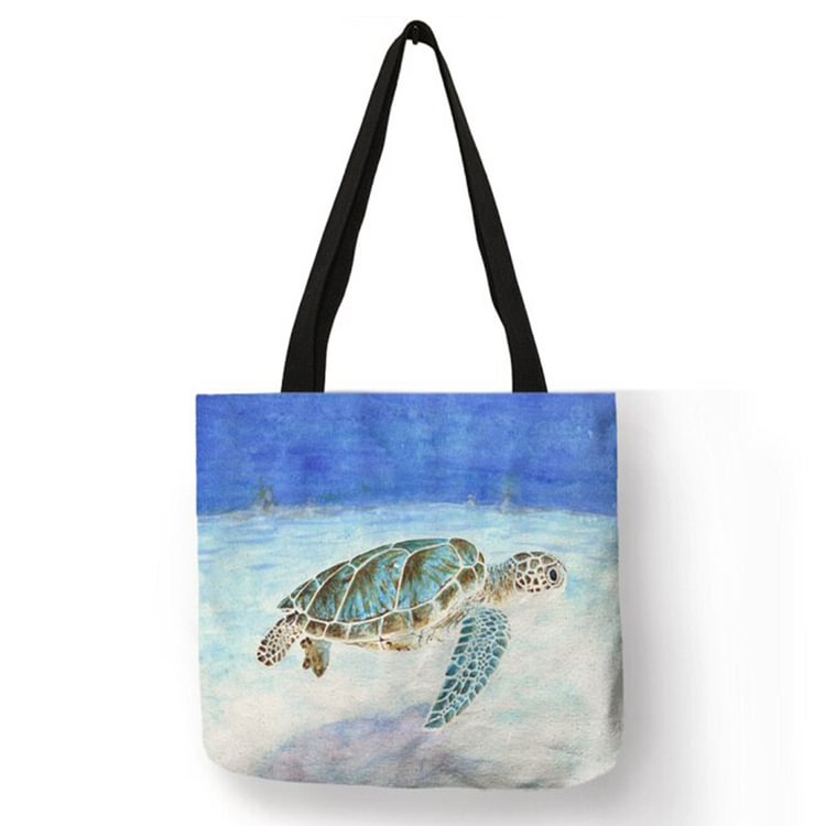 Linen Tote Bag - Sea Animal Turtle Whale Octopus