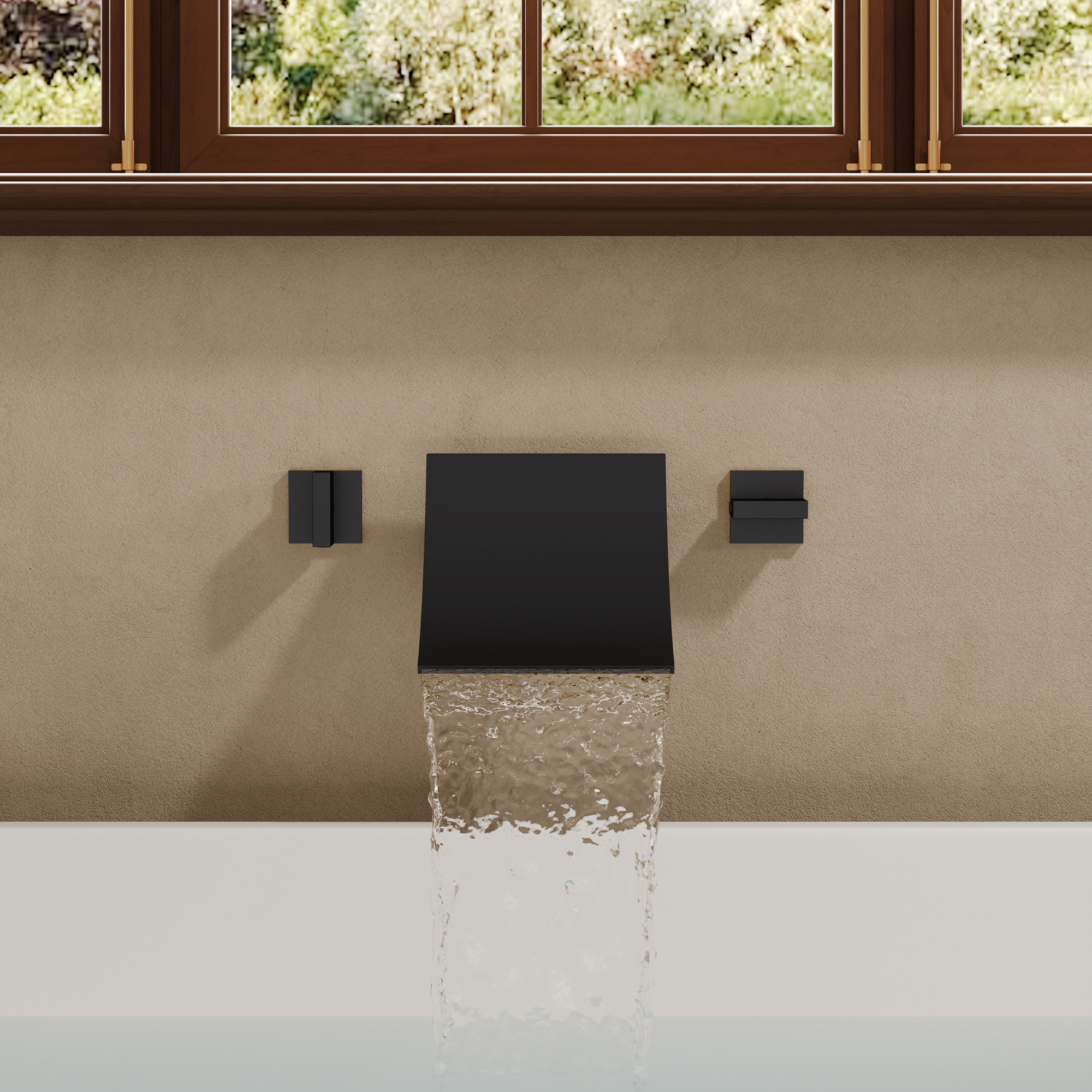 GRANDJOY Wall-Mounted 6 in. Waterfall Tub Filler Faucet with Dual Handles, 6.6 GPM High Flow Rate, Solid Brass Valve, Matte Black