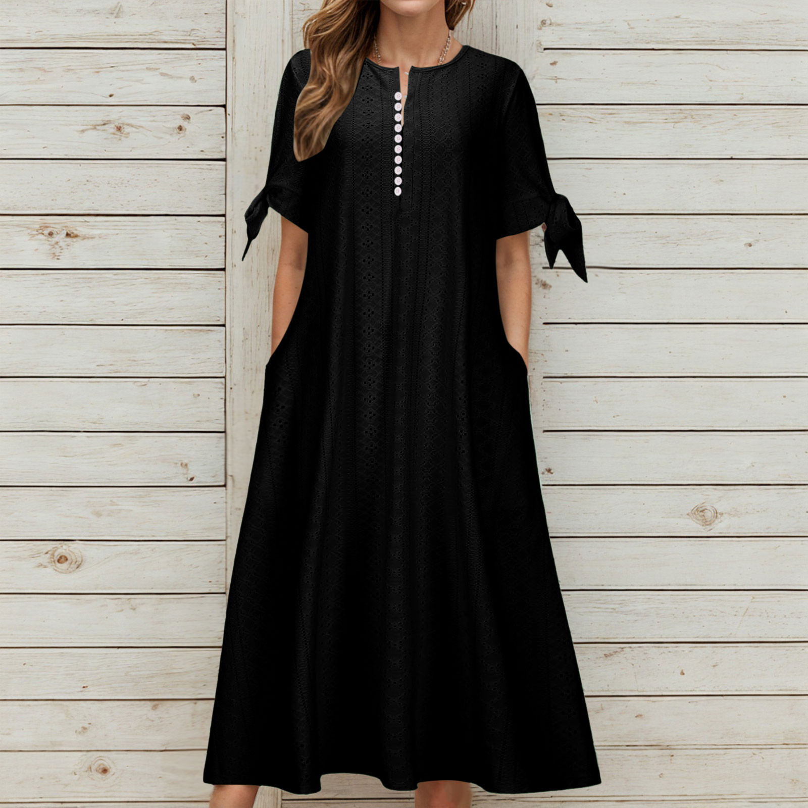 Women Button V Neck Casual Dress Summer Solid Color Holiday Beach Hollow Dresses Short Sleeve Tie Knot Dress Evening Vestidos