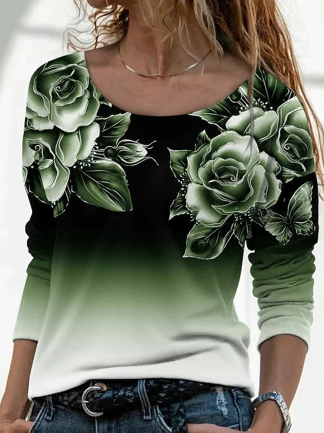 Uveng Long Digital Printing Sleeve Loose Neck Casual Pullover Print T-shirt