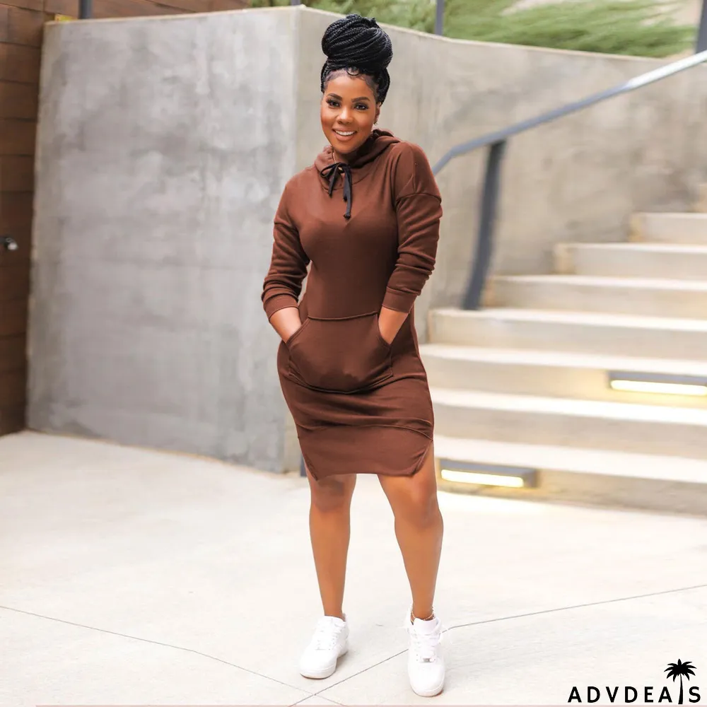 Womens Sexy Casual Solid Long Sleeve With Hood Slit Dress