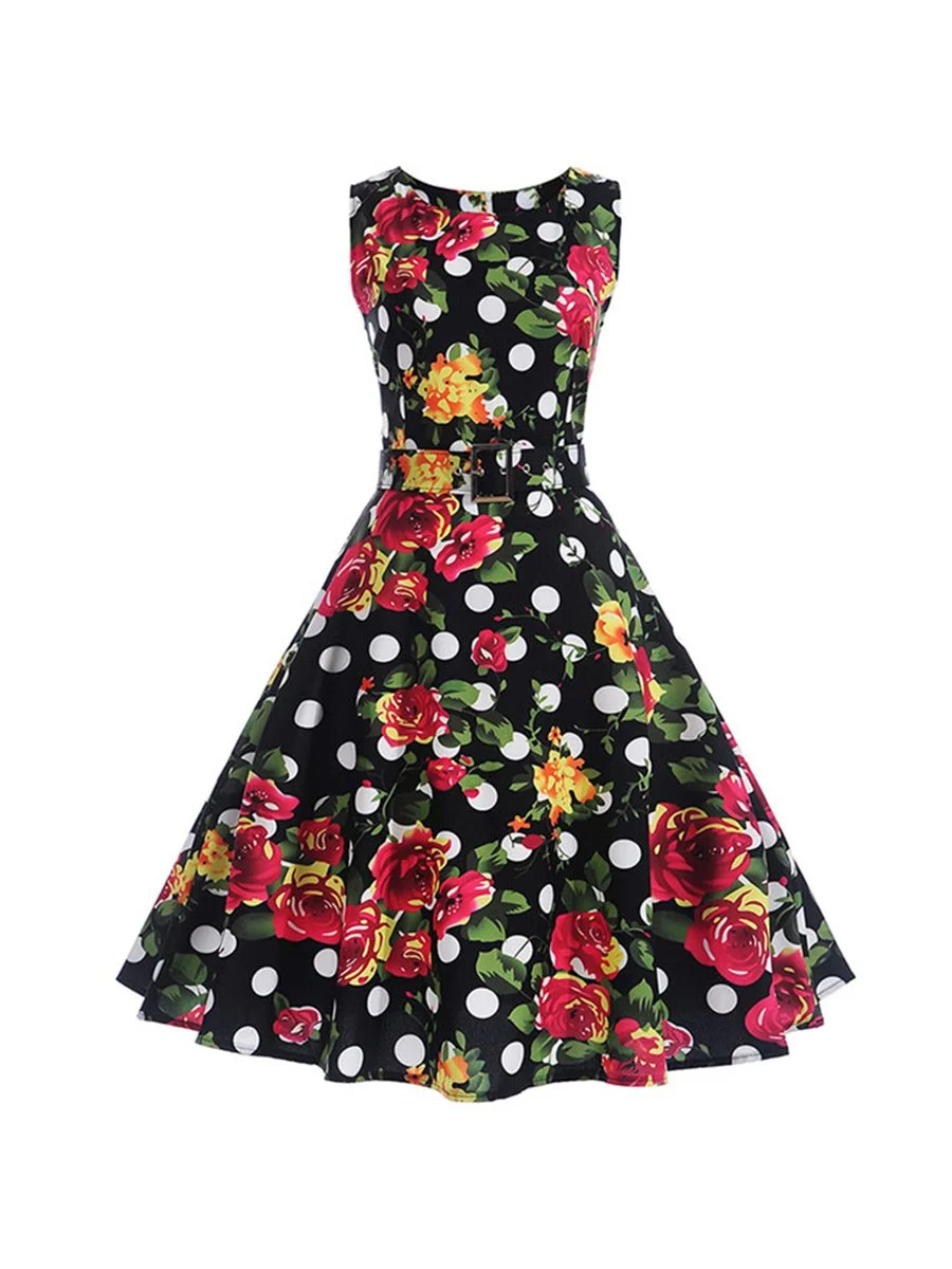 50s Dress Floral Sleeveless Party Dress Come With A Belt