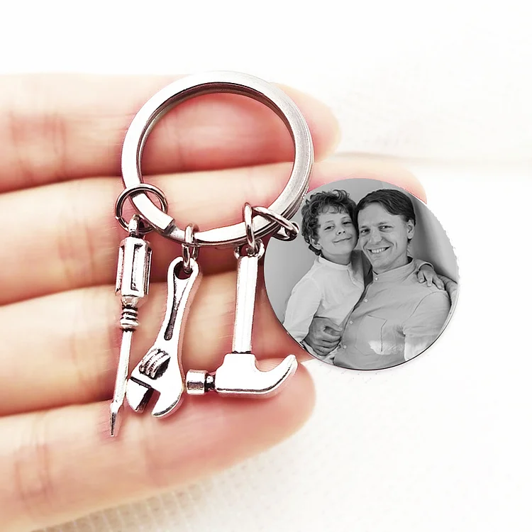 Personalized Photo Keychain with Hammer Screwdriver Wrench Tools-Custom Keychain with Picture-Special Gift For Father/Grandpa-Father's Day Gift