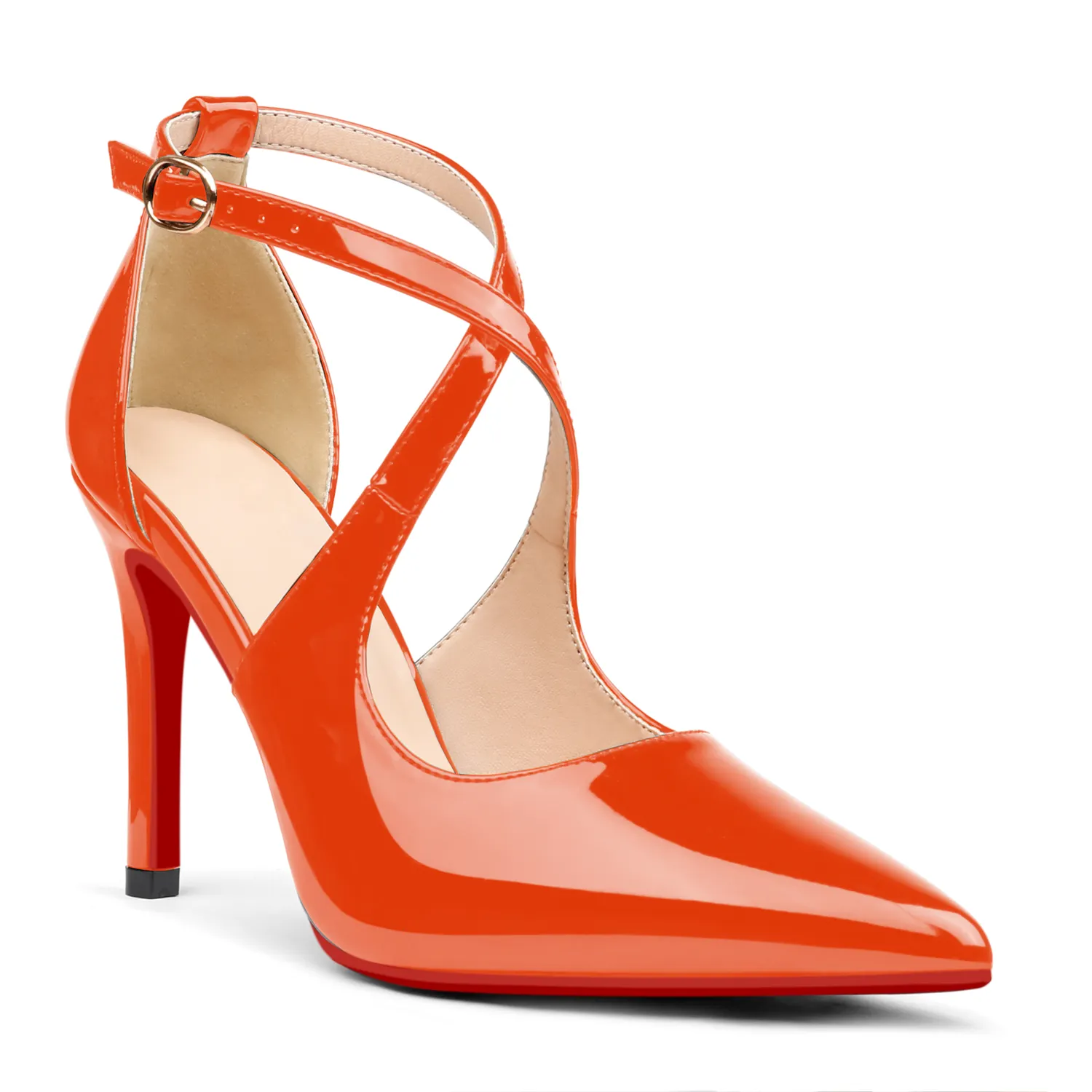 95mm Women's Pointed Toe Cross Strap Heels Red Bottoms Pumps Shoes-vocosishoes