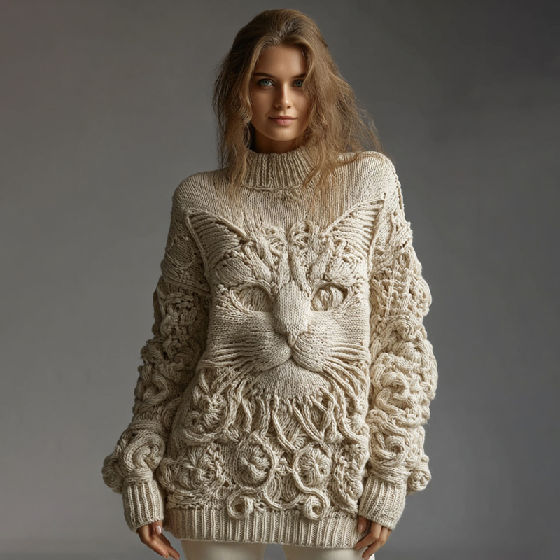 Women's Vintage Cute Cat Art Knitted Warm Cazy High Neck Sweater