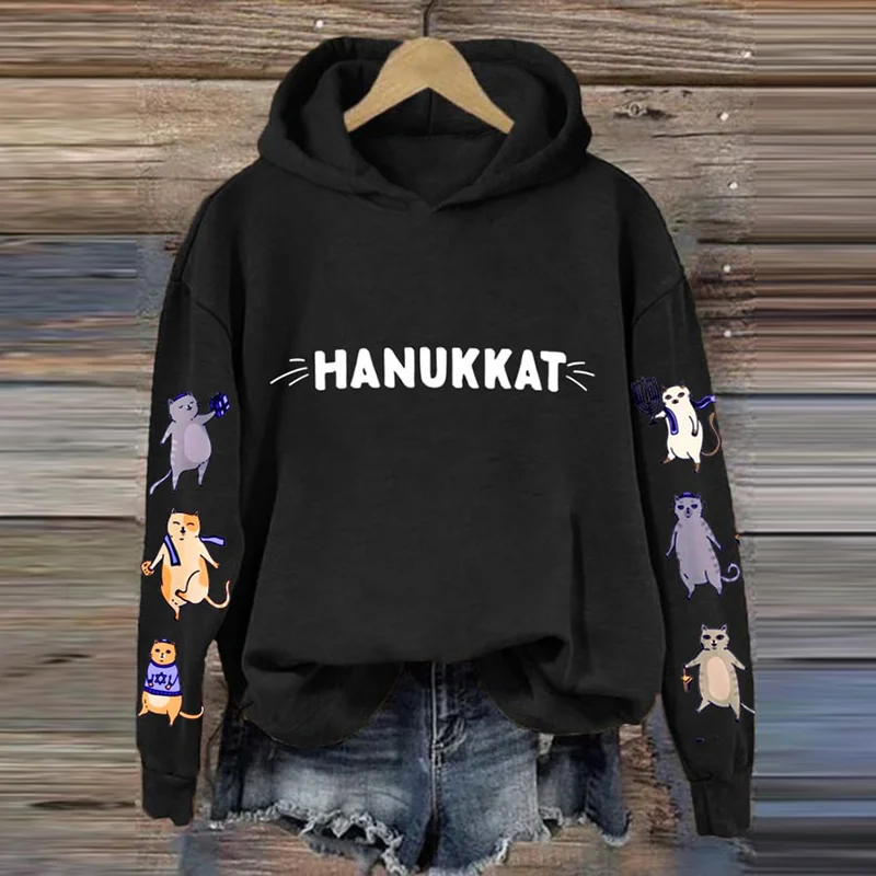 Women's Hanukkah Cat Print Casual Hoodie