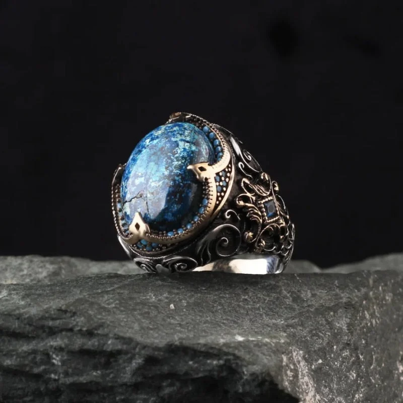 Vintage Metal Craftsman Engraved Signet Ring Inlaid Blue Zircon Men's Business Punk Biker Ring