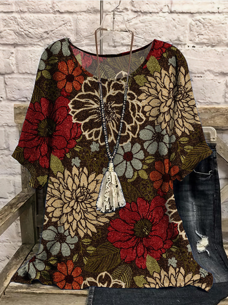 Women Long Sleeve V-neck Graphic Floral Printed Top