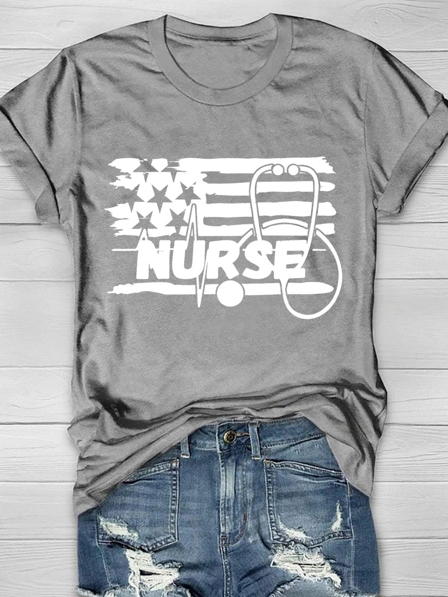 Nurse Stethoscope Flag Print Short Sleeve T-Shirt