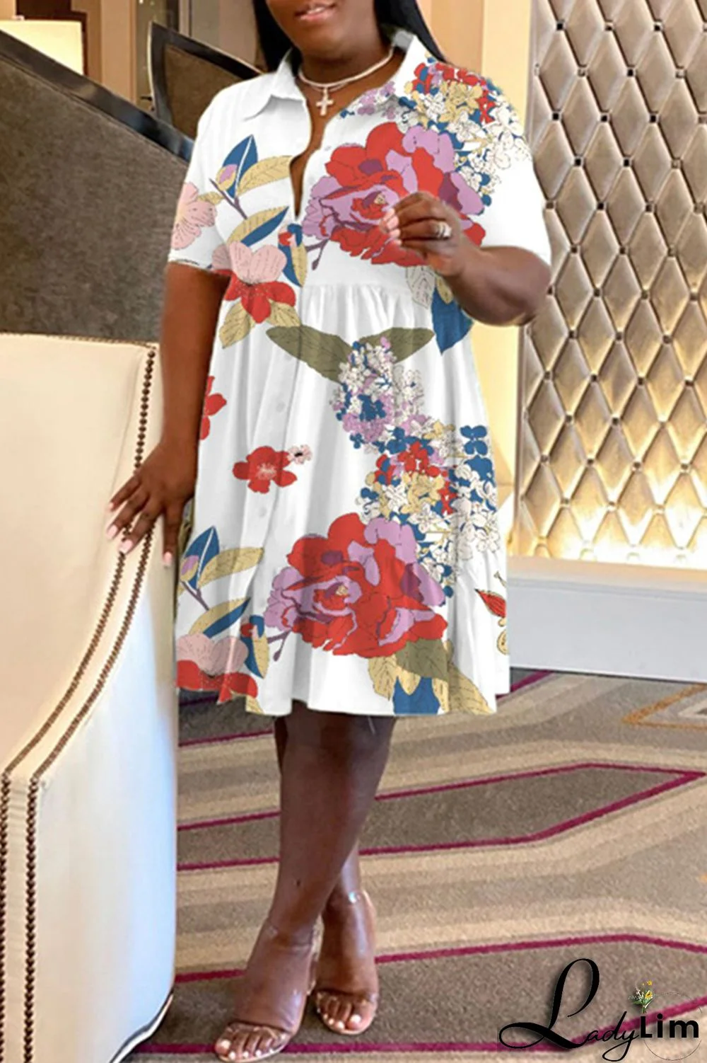 Purple Casual Print Patchwork Fold Turndown Collar A Line Plus Size Dresses