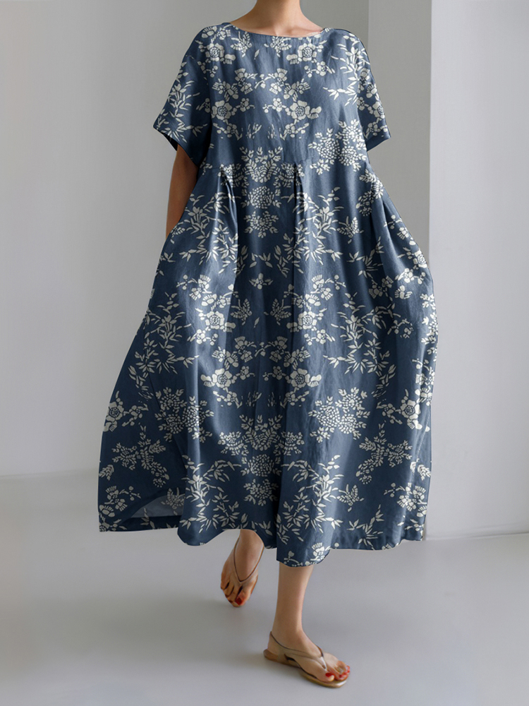 Comstylish Vintage Flower Print Short Sleeves Loose Midi Dress