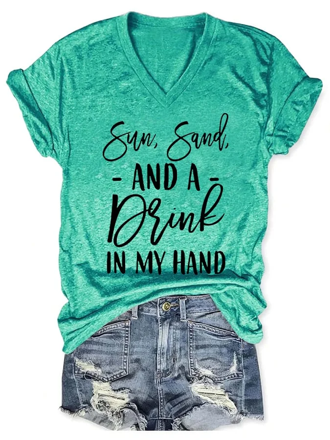 V-neck Retro Sun Sand And A Drink In My Hand Print T-Shirt
