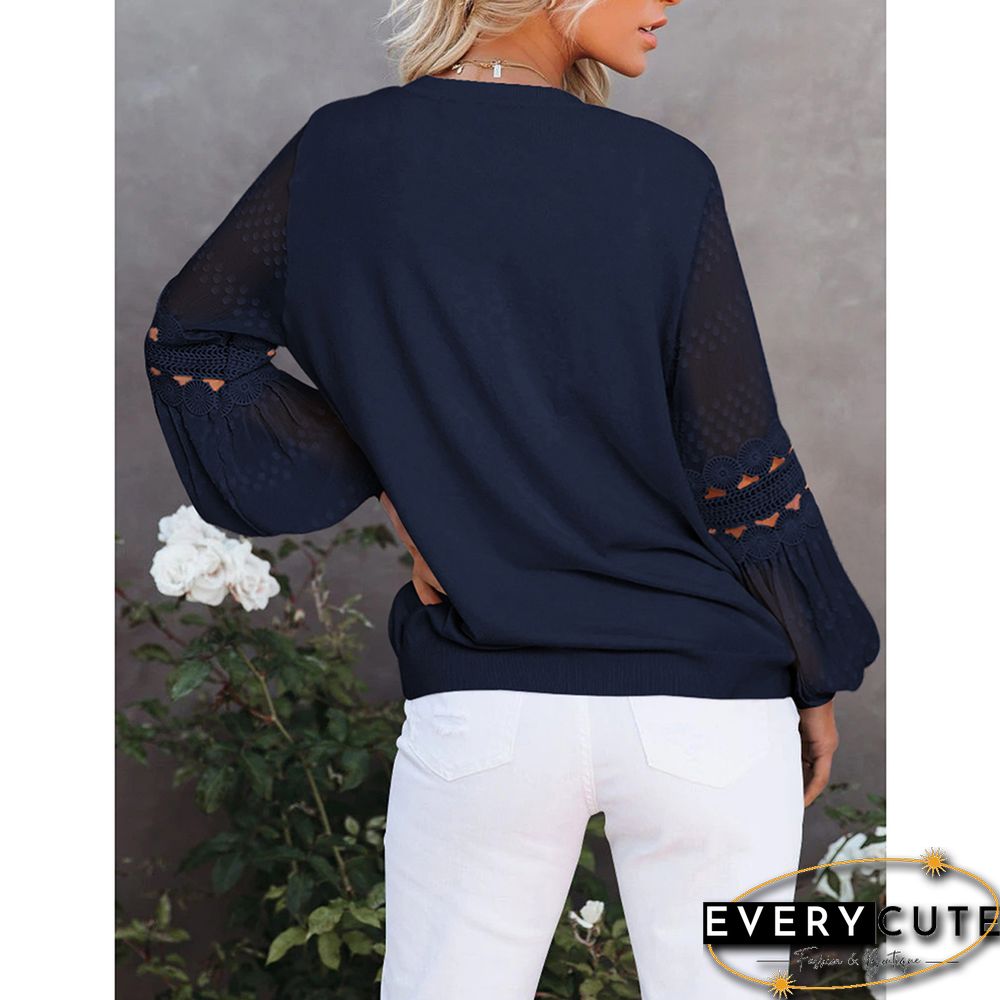 Navy Blue Splicing Hollow-out Lantern Sleeve Tops
