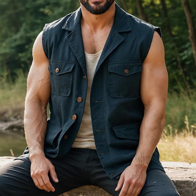 Men's Lapel Cotton and Linen Washed Vest
