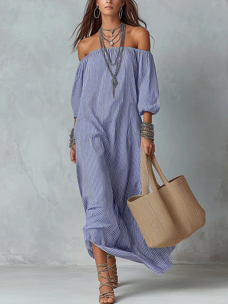 Blue And White Striped Off-the-shoulder Loose-fitting Resort Dress