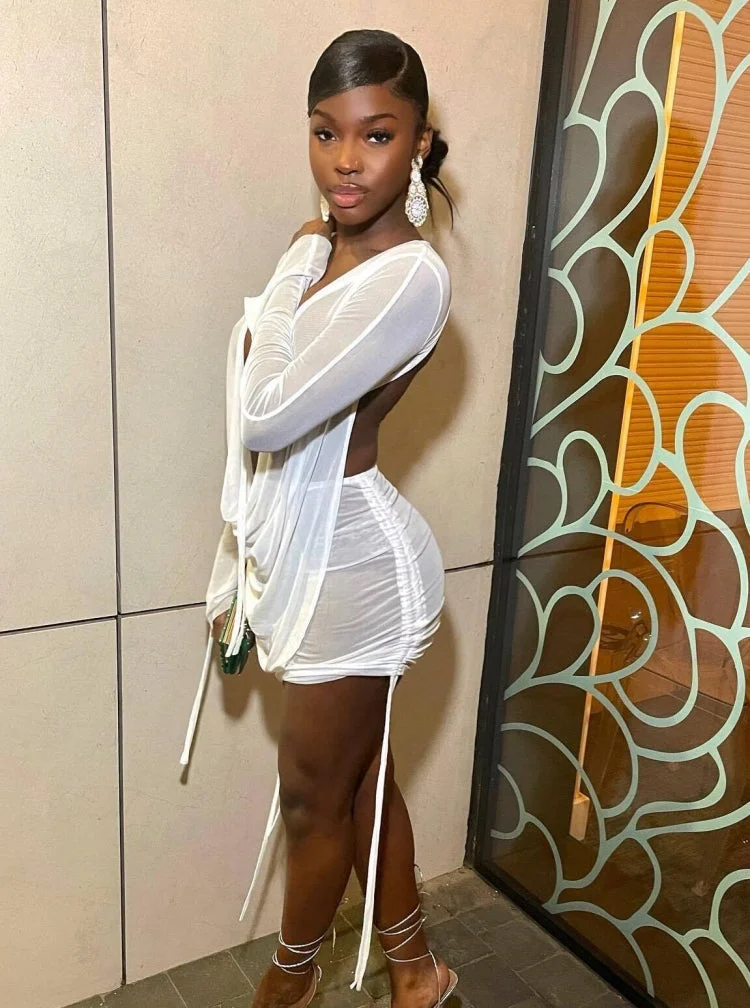 Summer Sexy Deep V-Neck Long Sleeve Top See ThroughTwo Piece Skirt Set